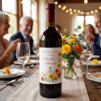 Watercolor Marigold Floral Milestone Birthday Wine Label