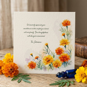 Watercolor Marigold Floral Sympathy Funeral Thank You Card