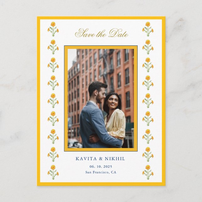 Watercolor marigold  Photo Save the Date Announcement Postcard (Front)