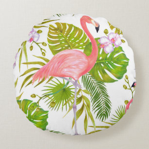 Watercolor marker illustration of pink flamingo bi round cushion