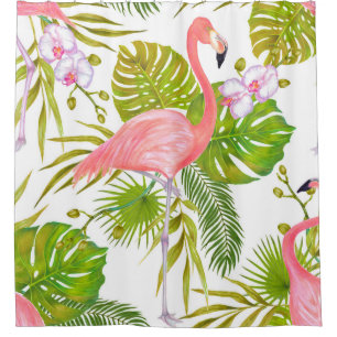 Watercolor marker illustration of pink flamingo bi shower curtain