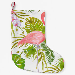Watercolor marker illustration of pink flamingo bi small christmas stocking