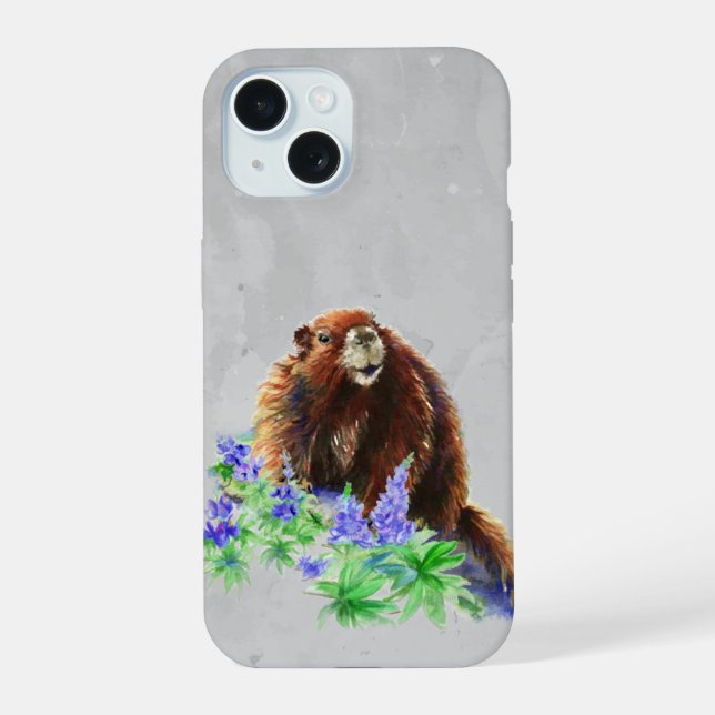Watercolor Marmot Groundhog Animal Nature Art iPhone 15 Case (Back)