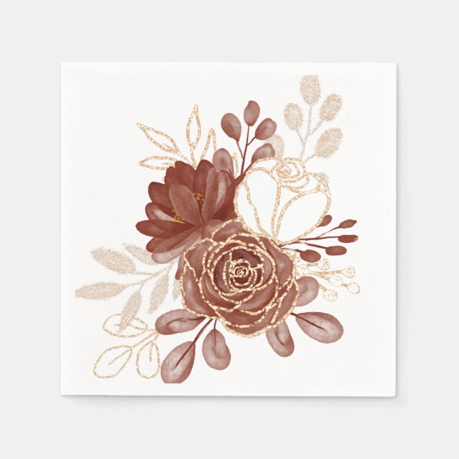 Watercolor Maroon Gold Floral Paper Napkins (Front)