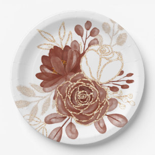 Watercolor Maroon Gold Floral  Paper Plate
