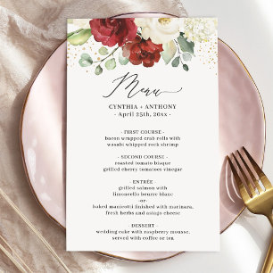 Watercolor Maroon Red White Floral Wedding Menu