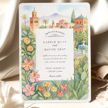 Watercolor Marrakesh Moroccan Garden Wedding Invitation<br><div class="desc">Celebrate your love with exotic elegance using this watercolor Marrakesh wedding invitation. Featuring hand-painted scenes of iconic Moroccan architecture, domed rooftops, intricate garden fountains, and palm-fringed courtyards, this design captures the rich cultural beauty of Marrakesh. The floral border includes desert blooms, succulents, and bold botanicals that reflect the vibrancy of...</div>