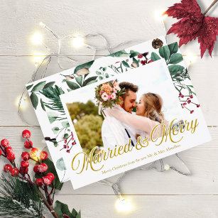 Watercolor Married And Merry Christmas Photo Invitation