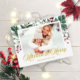 Watercolor Married And Merry Christmas Photo Postcard