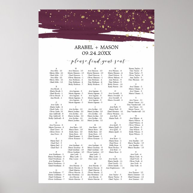 Watercolor Marsala Alphabetical Seating Chart (Front)