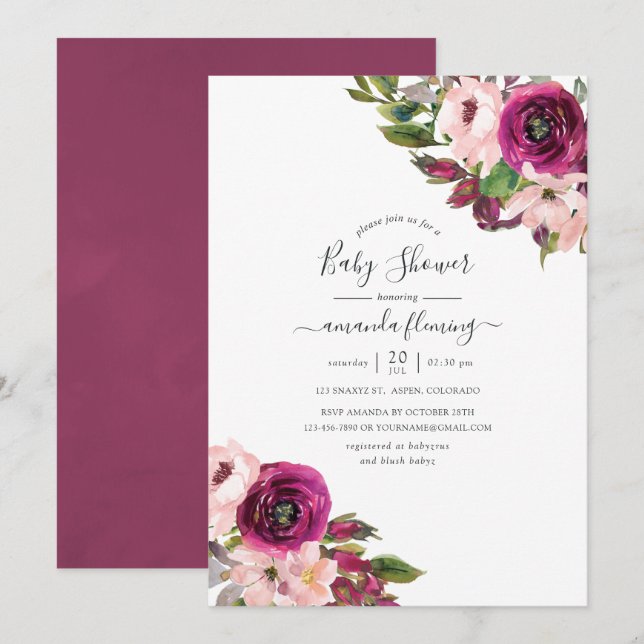 Watercolor Marsala and Blush Floral Baby Shower Invitation (Front/Back)