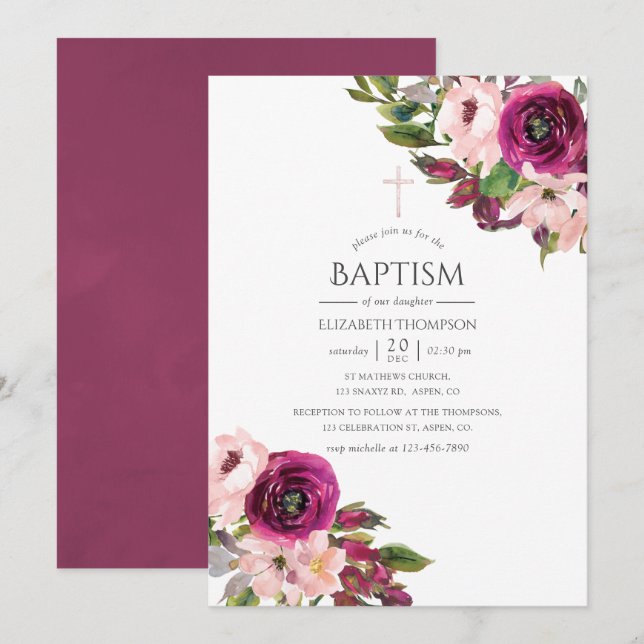 Watercolor Marsala and Blush Floral Baptism Invitation (Front/Back)