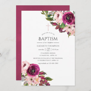 Watercolor Marsala and Blush Floral Baptism Invitation