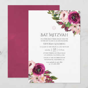 Watercolor Marsala and Blush Floral Bat Mitzvah Invitation