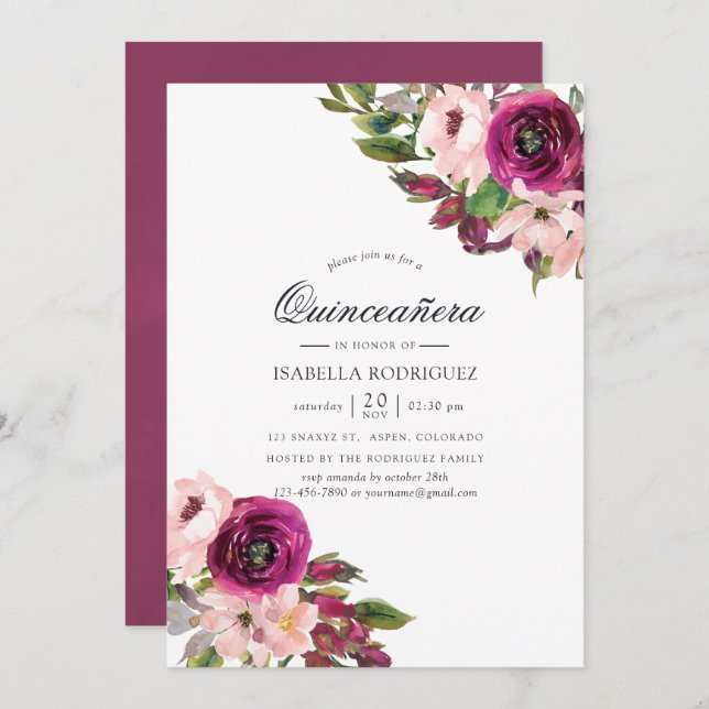 Watercolor Marsala and Blush Floral Quinceañera Invitation (Front/Back)