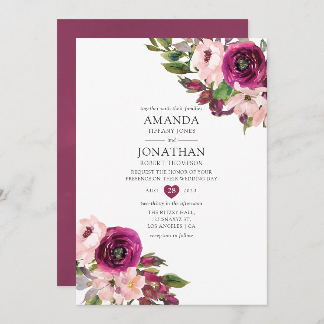 Watercolor Marsala and Blush Floral Wedding Invitation (Front/Back)