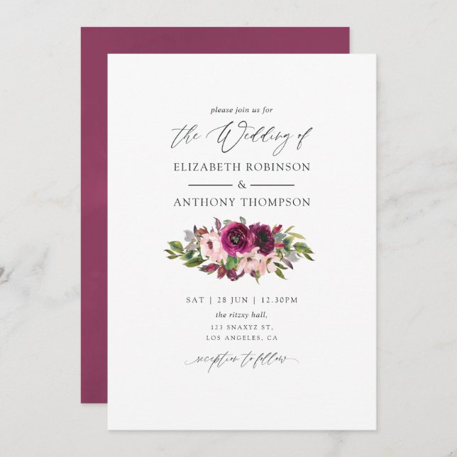 Watercolor Marsala and Blush Floral Wedding Invitation (Front/Back)