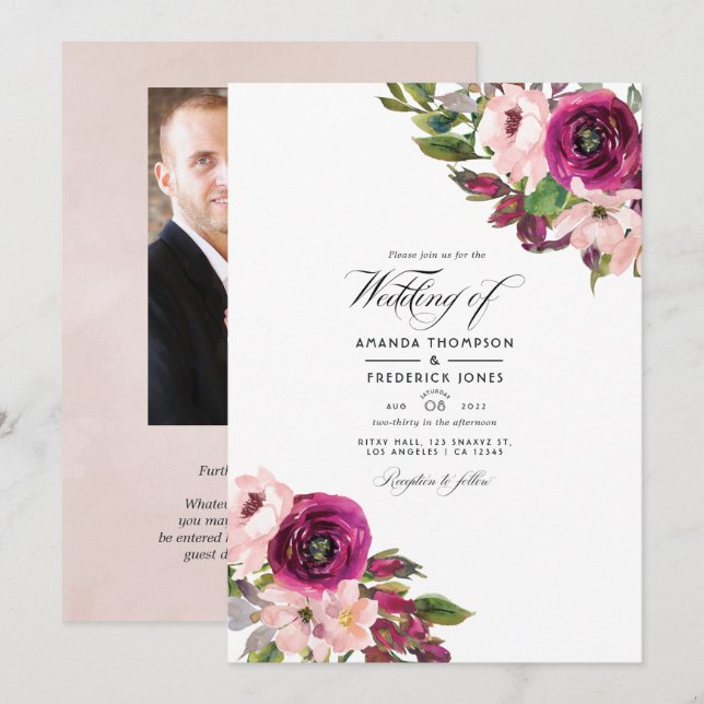 Watercolor Marsala and Blush Floral Wedding Invitation (Front/Back)