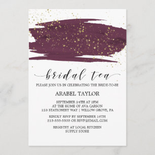 Watercolor Marsala and Gold Sparkle Bridal Tea Invitation