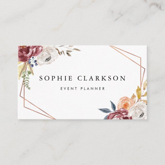 Watercolor Marsala Autumn Flowers Geometric I Business Card (Front)