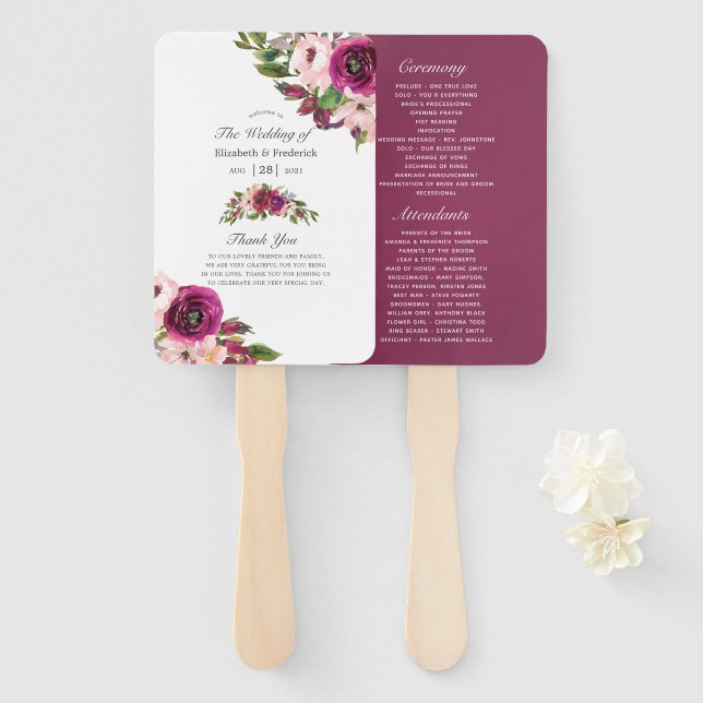 Watercolor Marsala & Blush Floral Wedding Program Hand Fan (Front and Back)