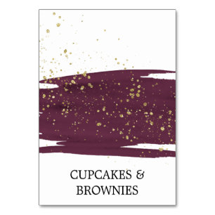 Watercolor Marsala & Gold Sparkle Food Tent Cards