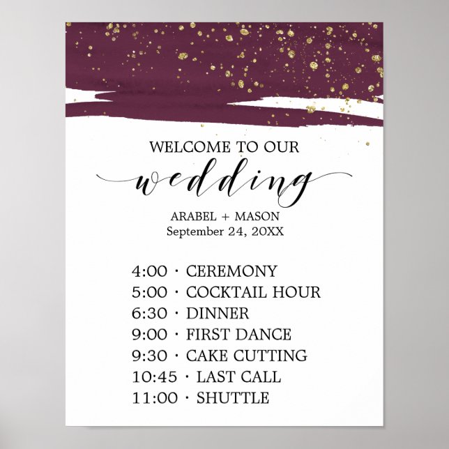 Watercolor Marsala & Gold Sparkle Order of Events Poster (Front)