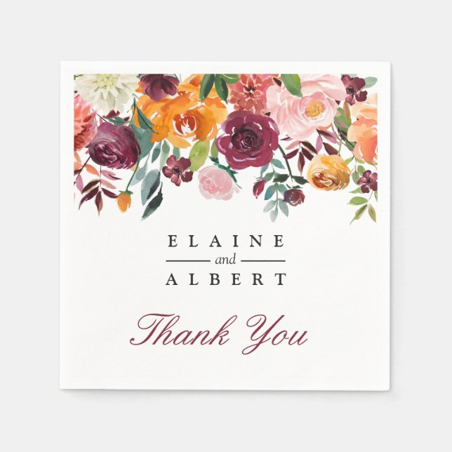 Watercolor Marsala Pink Flowers Wedding Napkin (Front)