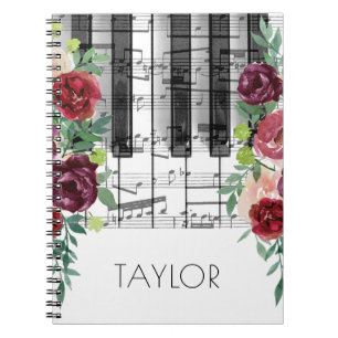 watercolor marsala red flowers music piano notebook