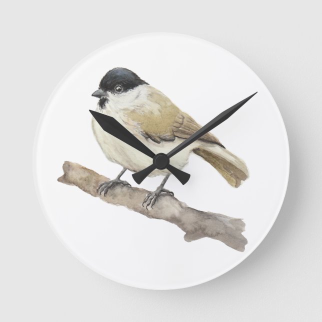 Watercolor Marsh Tit Round Clock (Front)
