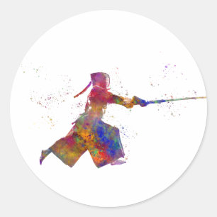 Watercolor martial art-kendo classic round sticker
