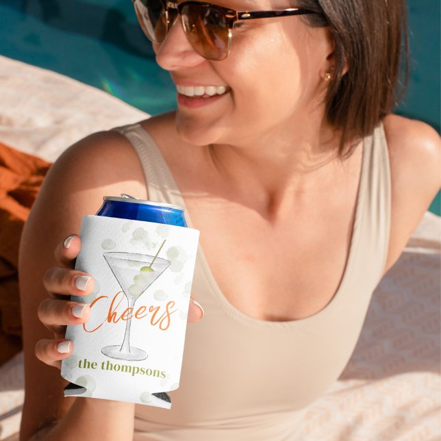 Watercolor Martini Cocktail Drink Custom Can Cooler (Cheers Martini cocktail drinks can cooler. )