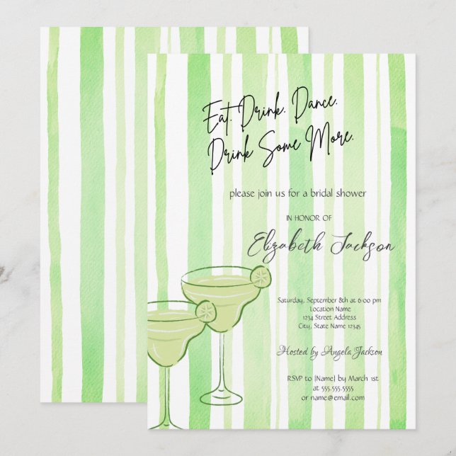 Watercolor Martini Green Stripes Bridal Shower Invitation (Front/Back)