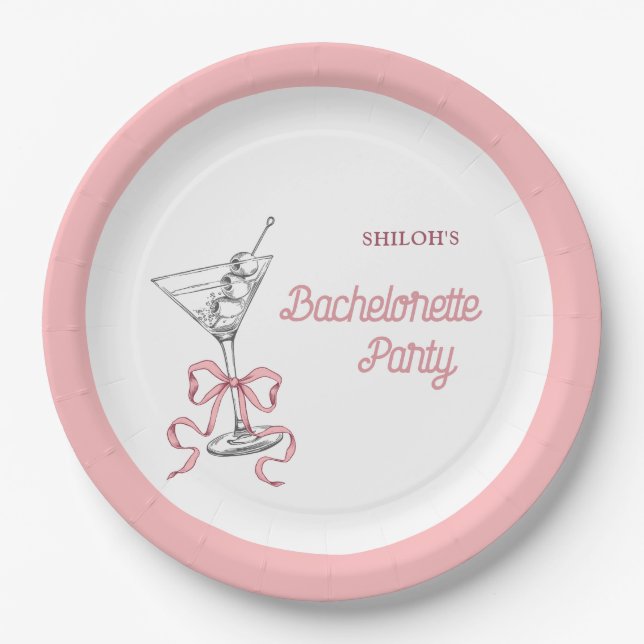 Watercolor Martini Pink Bow Bachelorette Party Paper Plate (Front)