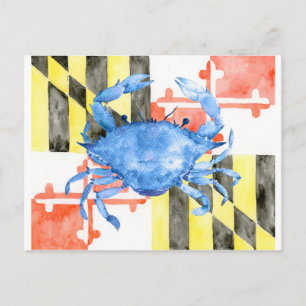 Watercolor maryland flag and blue crab postcard