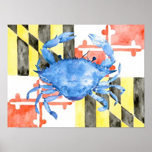 Watercolor Maryland flag and blue crab Poster (Front)