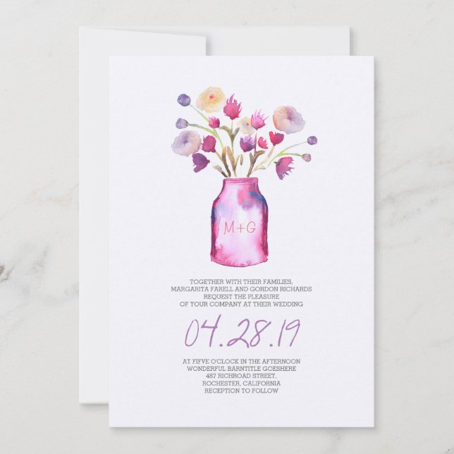 Watercolor mason jar and purple flowers wedding invitation (Front)