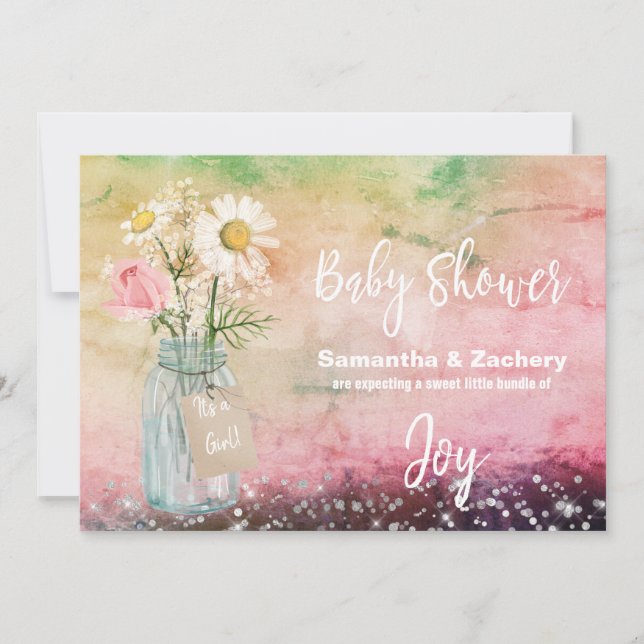 *~* Watercolor Mason Jar Floral Rustic Baby Shower Invitation (Front)