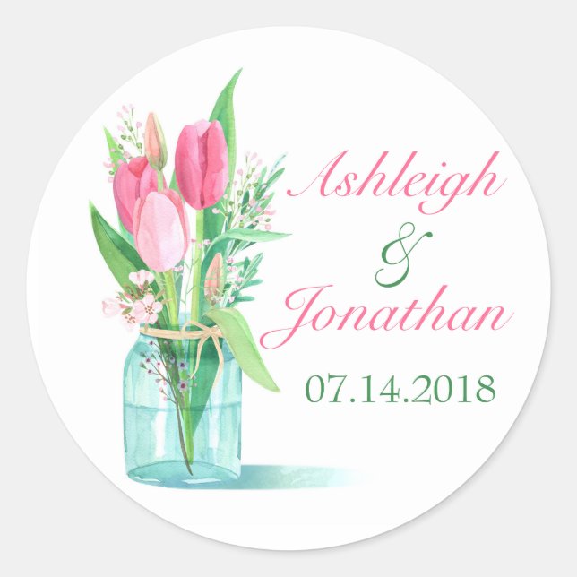 Watercolor Mason Jar Tulips Wedding Favour Sticker (Front)