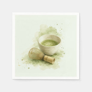 Watercolor Matcha Bowl and Bamboo Whisk Sage Green Napkin
