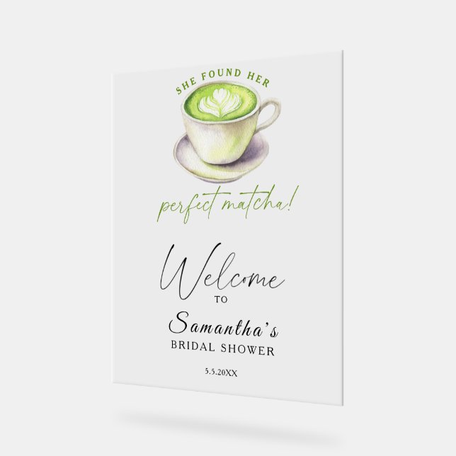 Watercolor matcha tea Bridal shower welcome Acrylic Sign (Angle)