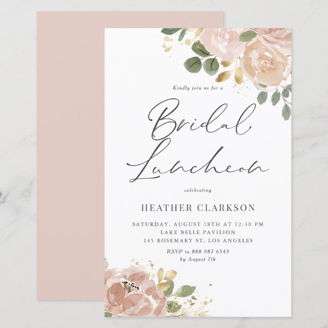 Watercolor Mauve Peach Flowers Bridal Luncheon (Front/Back)