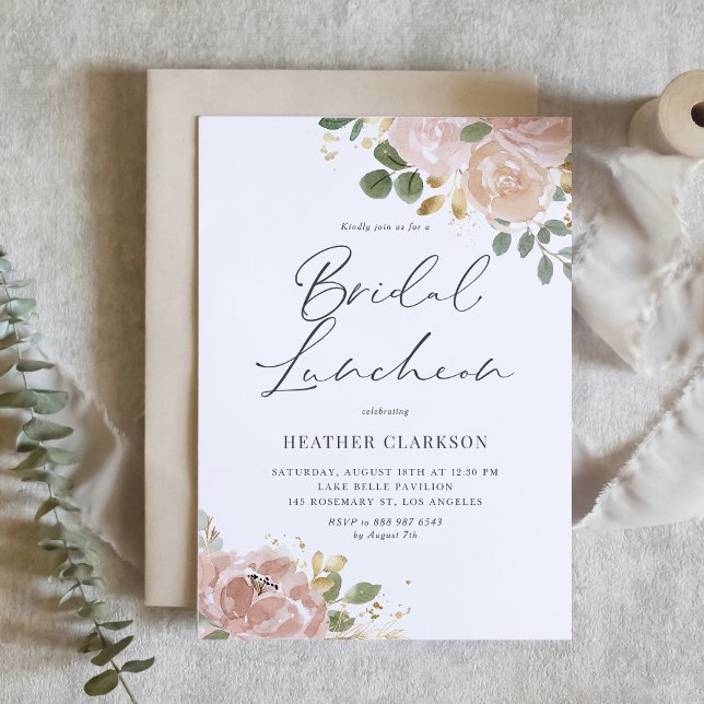 Watercolor Mauve Peach Flowers Bridal Luncheon Invitation (Boho Watercolor Mauve Peach Flowers Bridal Luncheon Invitation)