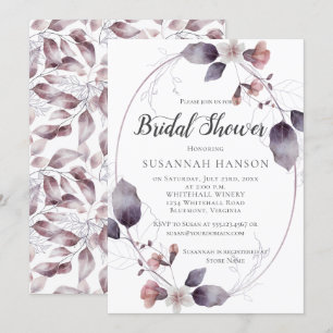 Watercolor Mauve Pink Flowers Leaves Bridal Shower Invitation