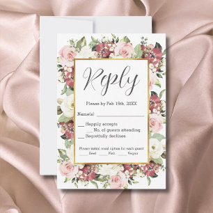 Watercolor Mauve Pink Green Florals Gold Frame RSVP Card