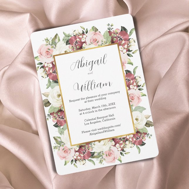 Watercolor Mauve Pink Green Florals Gold Wedding Invitation (Creator Uploaded)