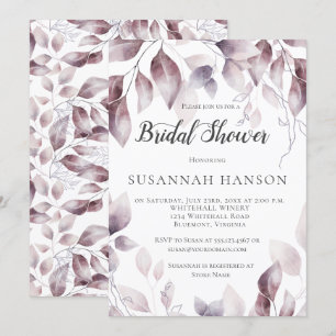 Watercolor Mauve Pink Leaves Bridal Shower Invitation