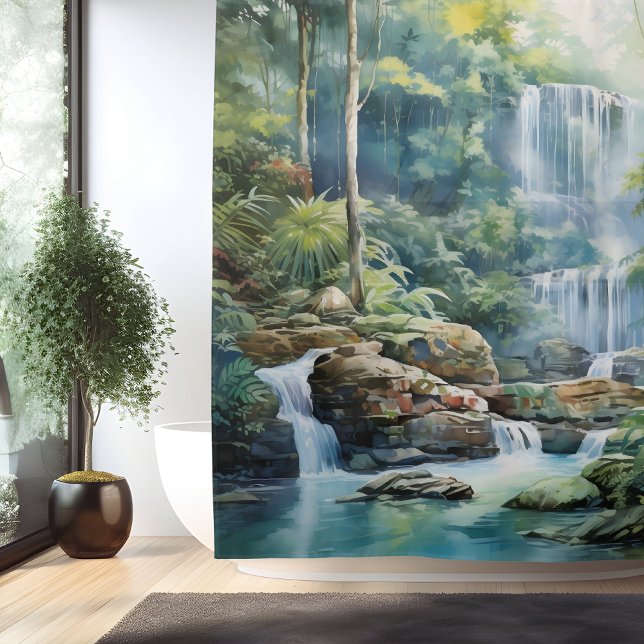 Watercolor Mayan Jungle Waterfall Shower Curtain (Creator Uploaded)