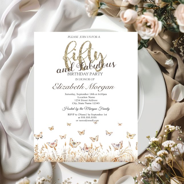 Watercolor Meadow Butterflies 50th Birthday Invitation (Creator Uploaded)