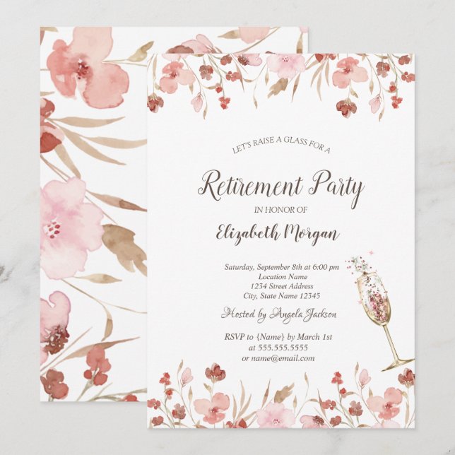 Watercolor Meadow Champagne Glass Retirement  Invitation (Front/Back)